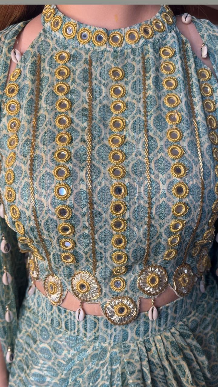 GREEN SHRUG SKIRT SET