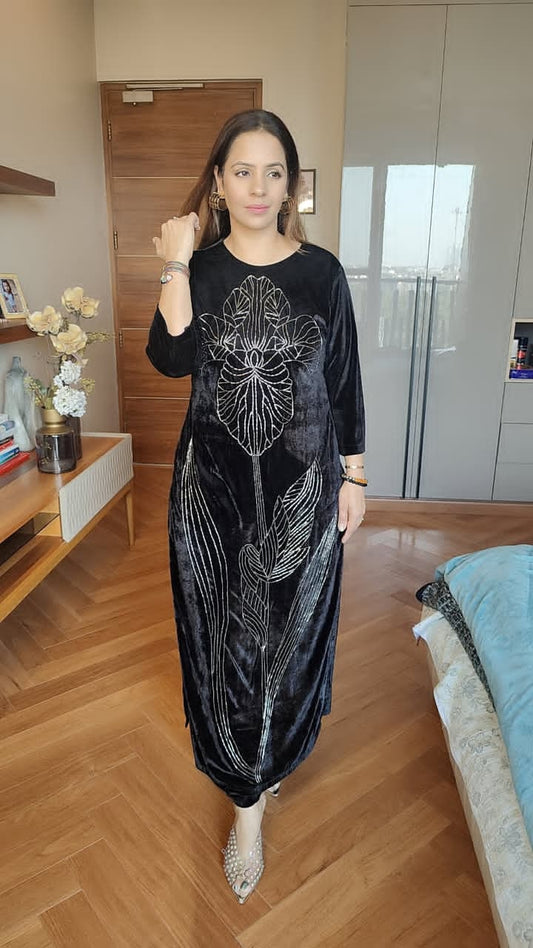 VELVET LONG FLOWER SUIT SET