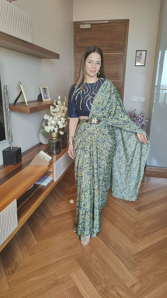 Printed Drape Saree Set With Belt  MC013