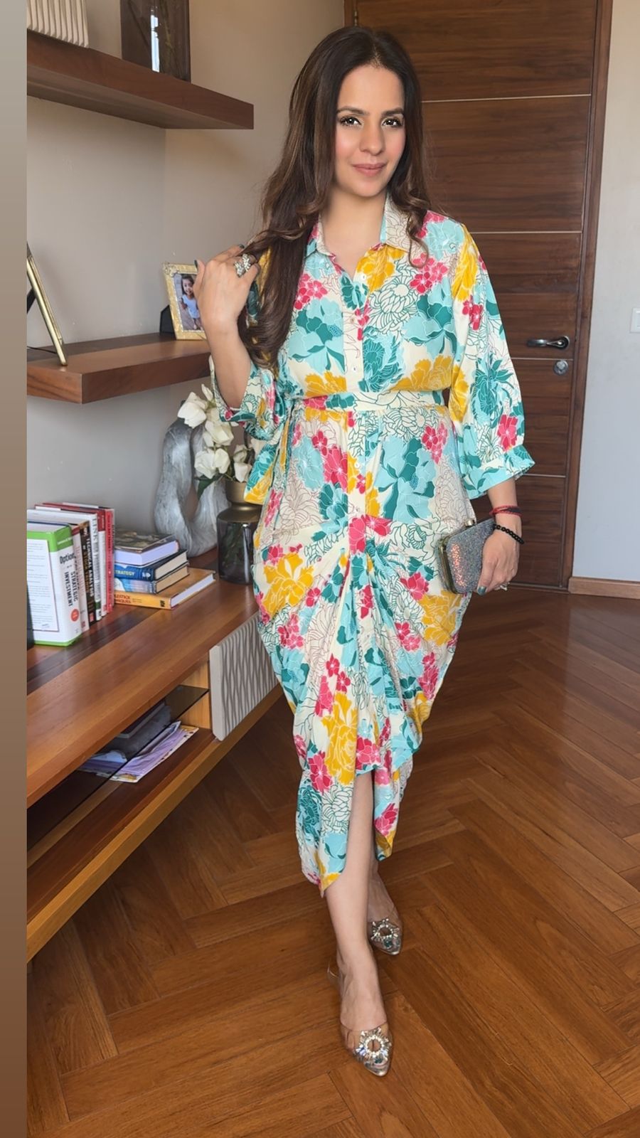 Printed Pleated dress with belt MC012